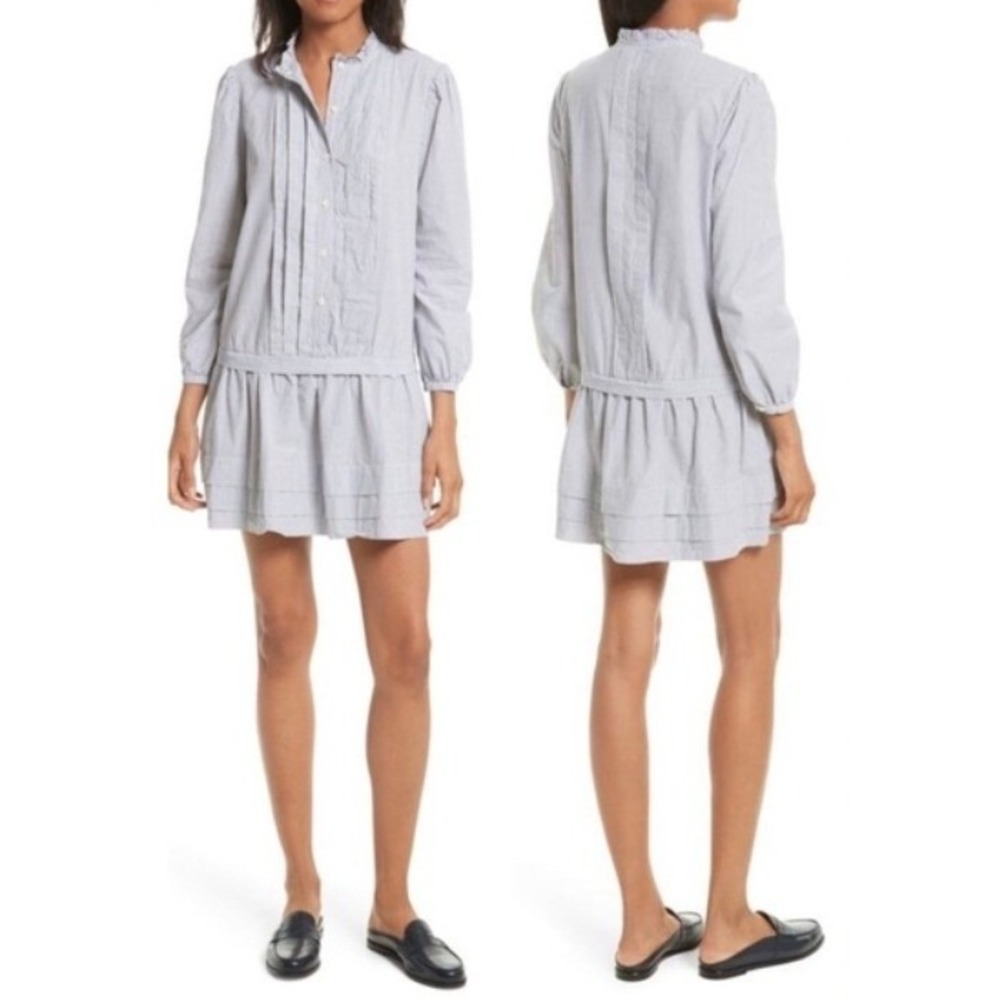 LA VIE Rebecca Taylor | Cotton Pinstripe Shirt Dress Mini Ruffle | Women's Small